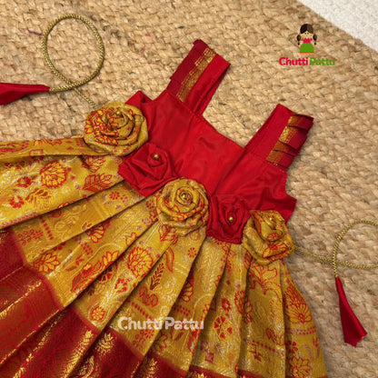 Yellow & Red Tissue Silk Rose Frock | CPM_0389