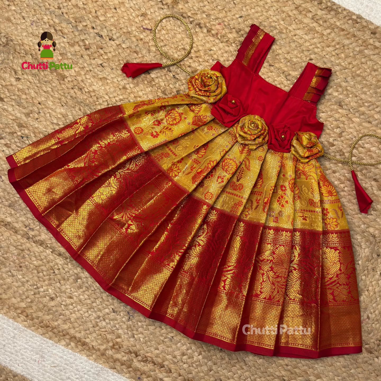 Yellow & Red Tissue Silk Rose Frock | CPM_0389