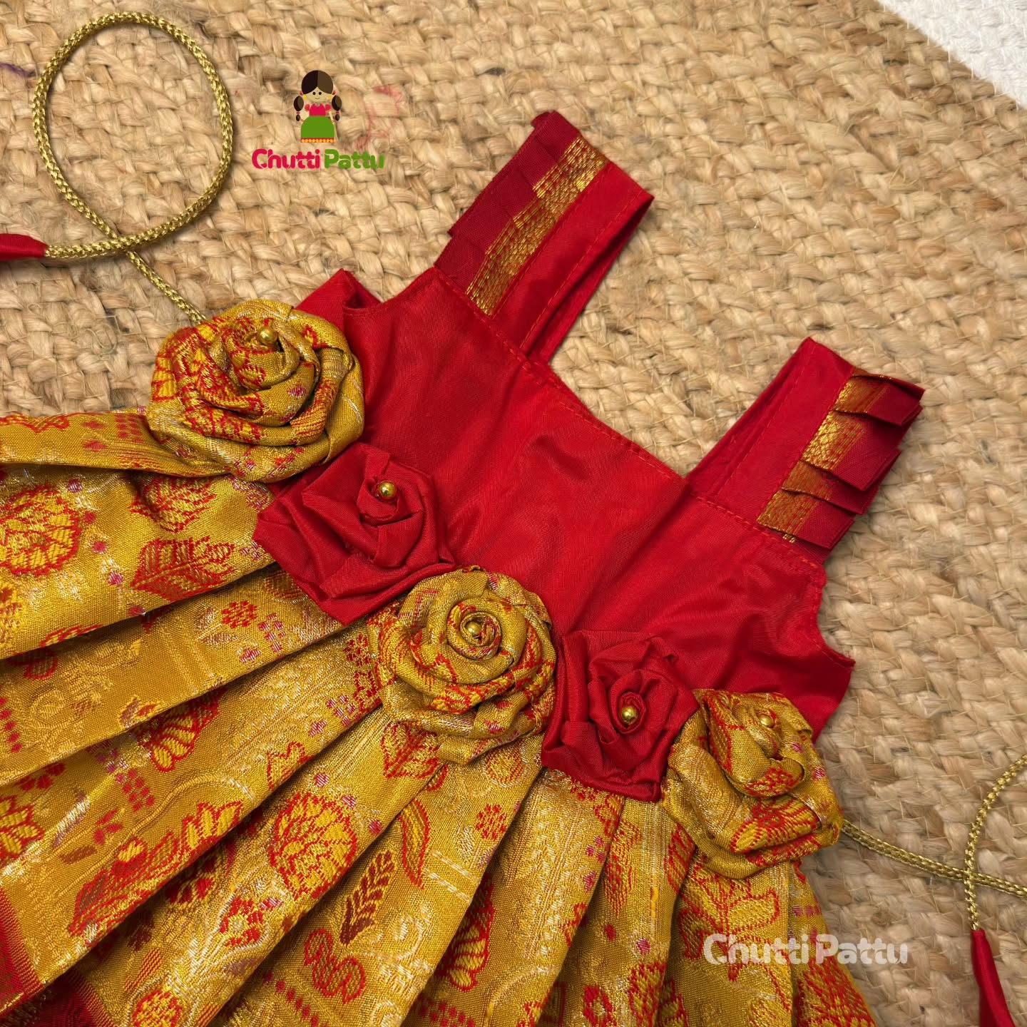 Yellow & Red Tissue Silk Rose Frock | CPM_0389
