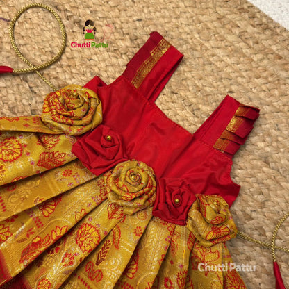 Yellow & Red Tissue Silk Rose Frock | CPM_0389
