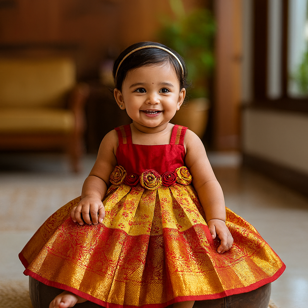 Yellow & Red Tissue Silk Rose Frock | CPM_0389