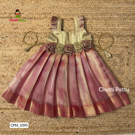 Pale Gold & Pink Tissue Silk Rose Frock | CPM_0390