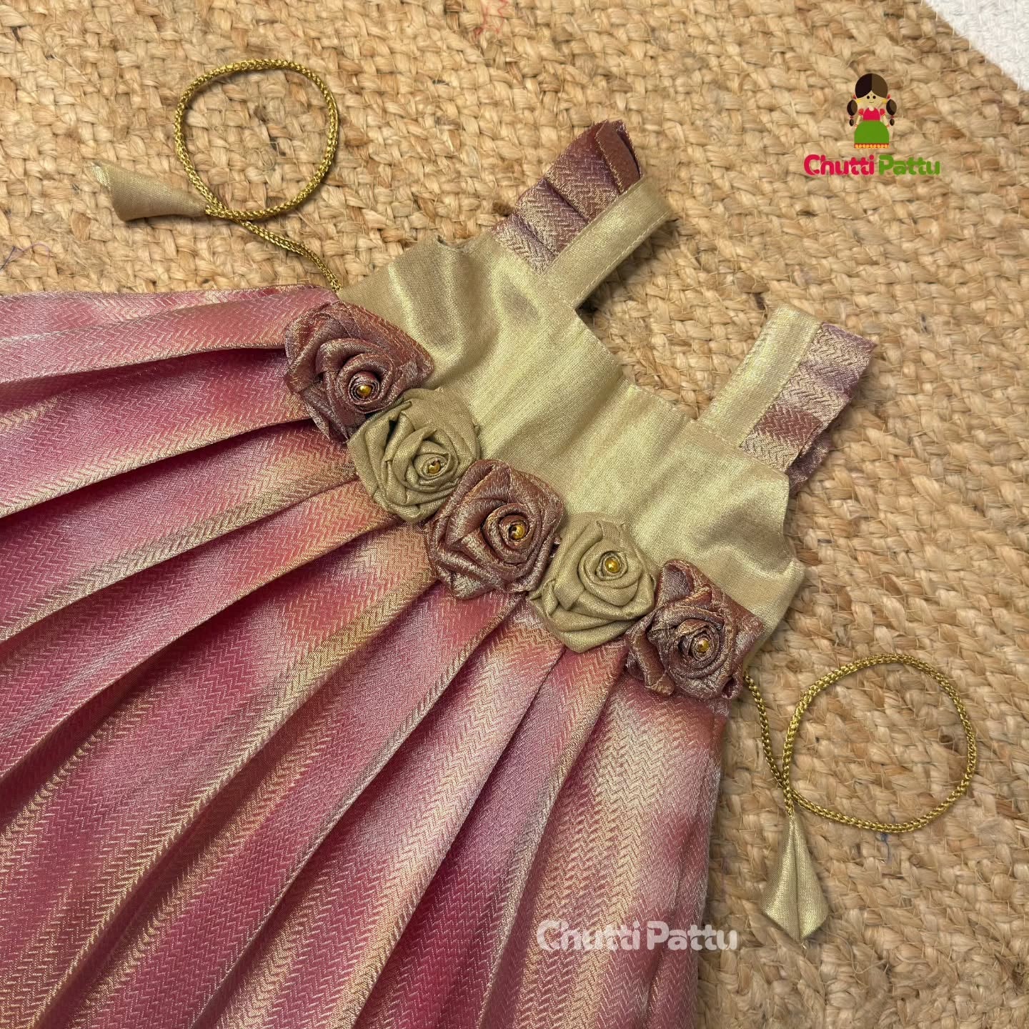 Pale Gold & Pink Tissue Silk Rose Frock | CPM_0390
