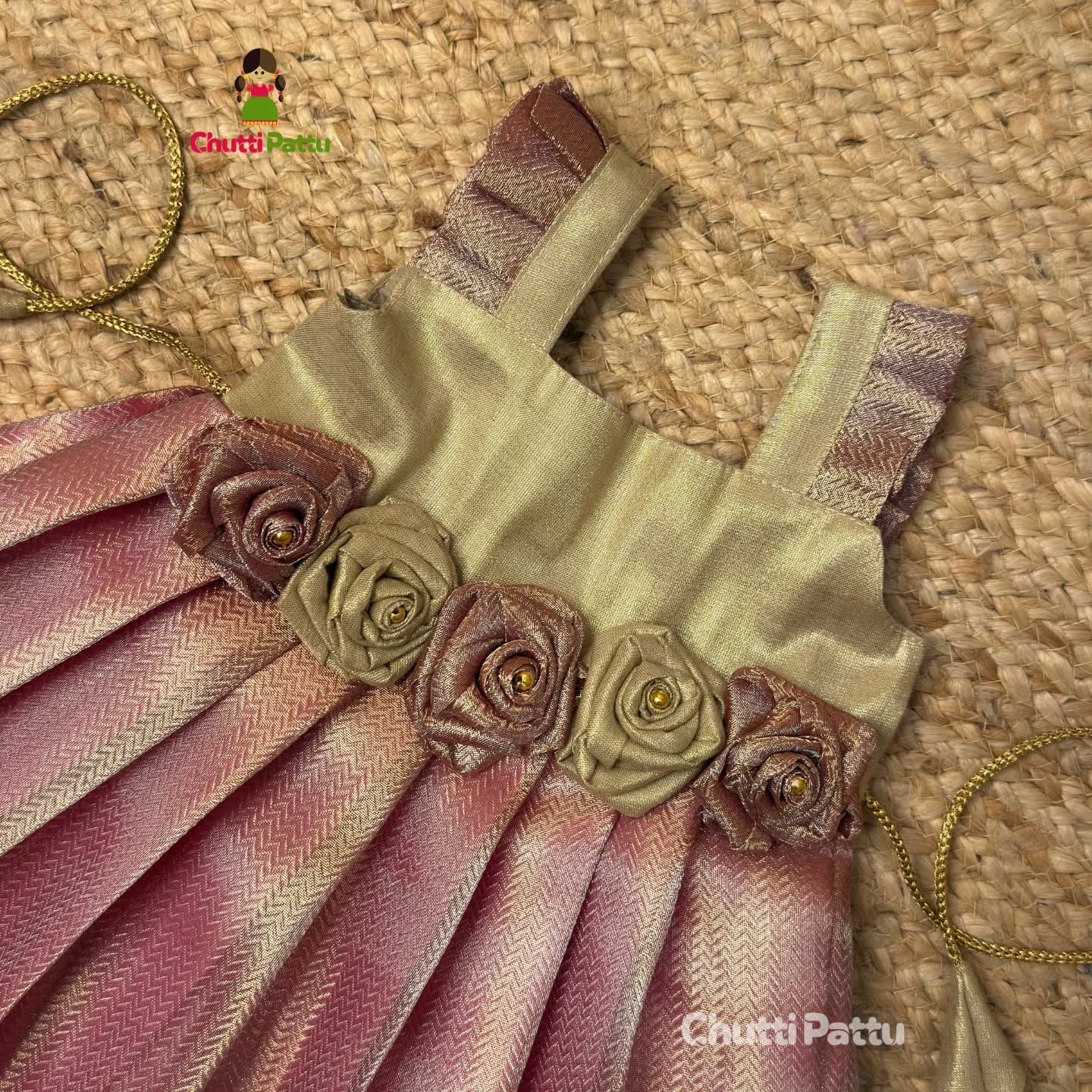 Pale Gold & Pink Tissue Silk Rose Frock | CPM_0390