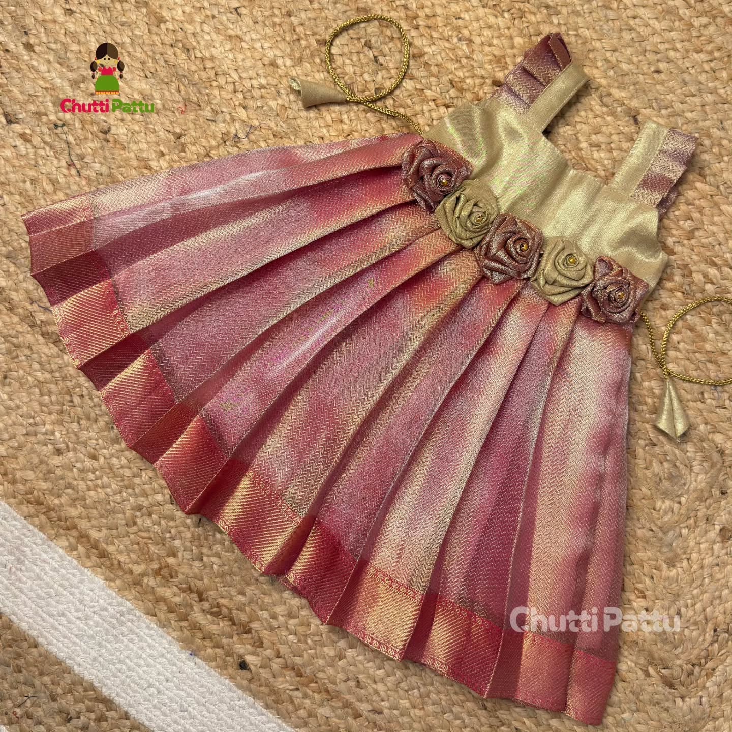 Pale Gold & Pink Tissue Silk Rose Frock | CPM_0390