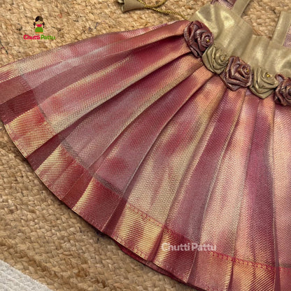 Pale Gold & Pink Tissue Silk Rose Frock | CPM_0390