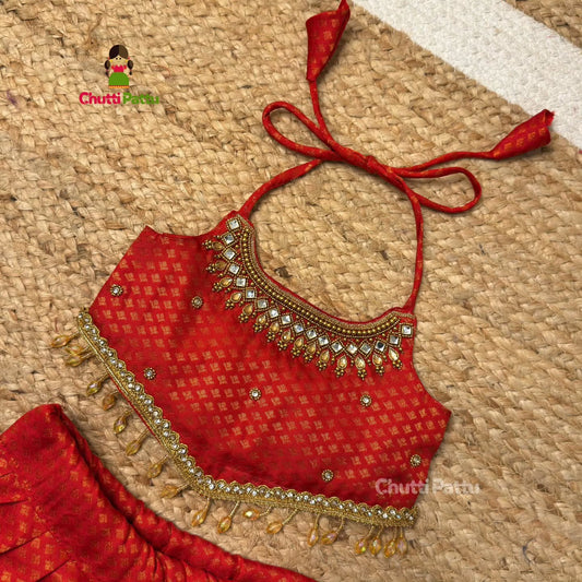 Senthaazhini – Red Kanchi Soft Silk Aari work Top and skirt | CPM_0392