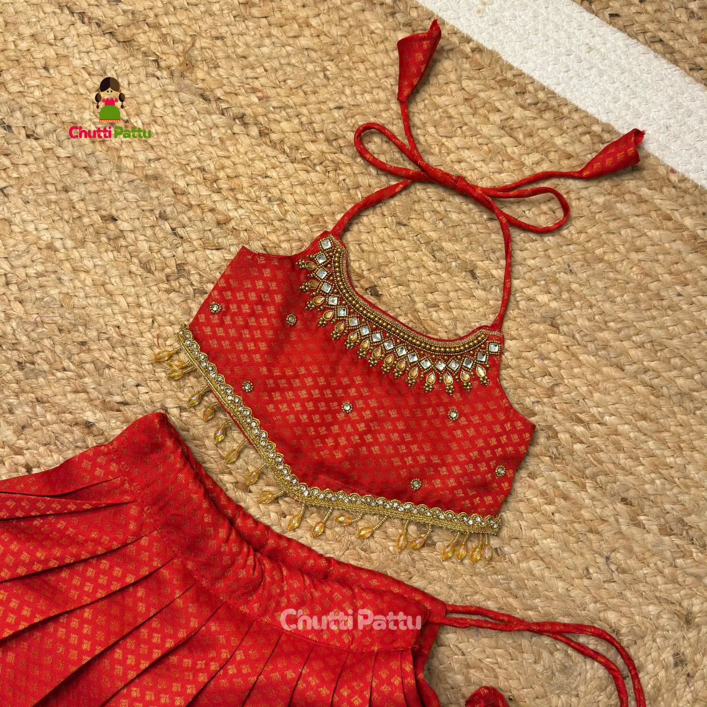 Senthaazhini – Red Kanchi Soft Silk Aari work Top and skirt | CPM_0392