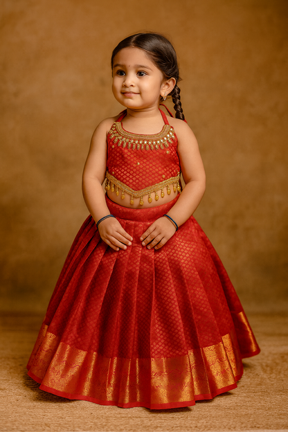 Senthaazhini – Red Kanchi Soft Silk Aari work Top and skirt | CPM_0392