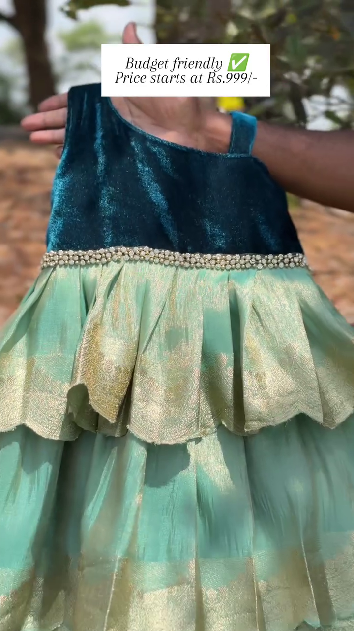 Peacock Green Double-Layer One-Shoulder Frock | CPM_0394