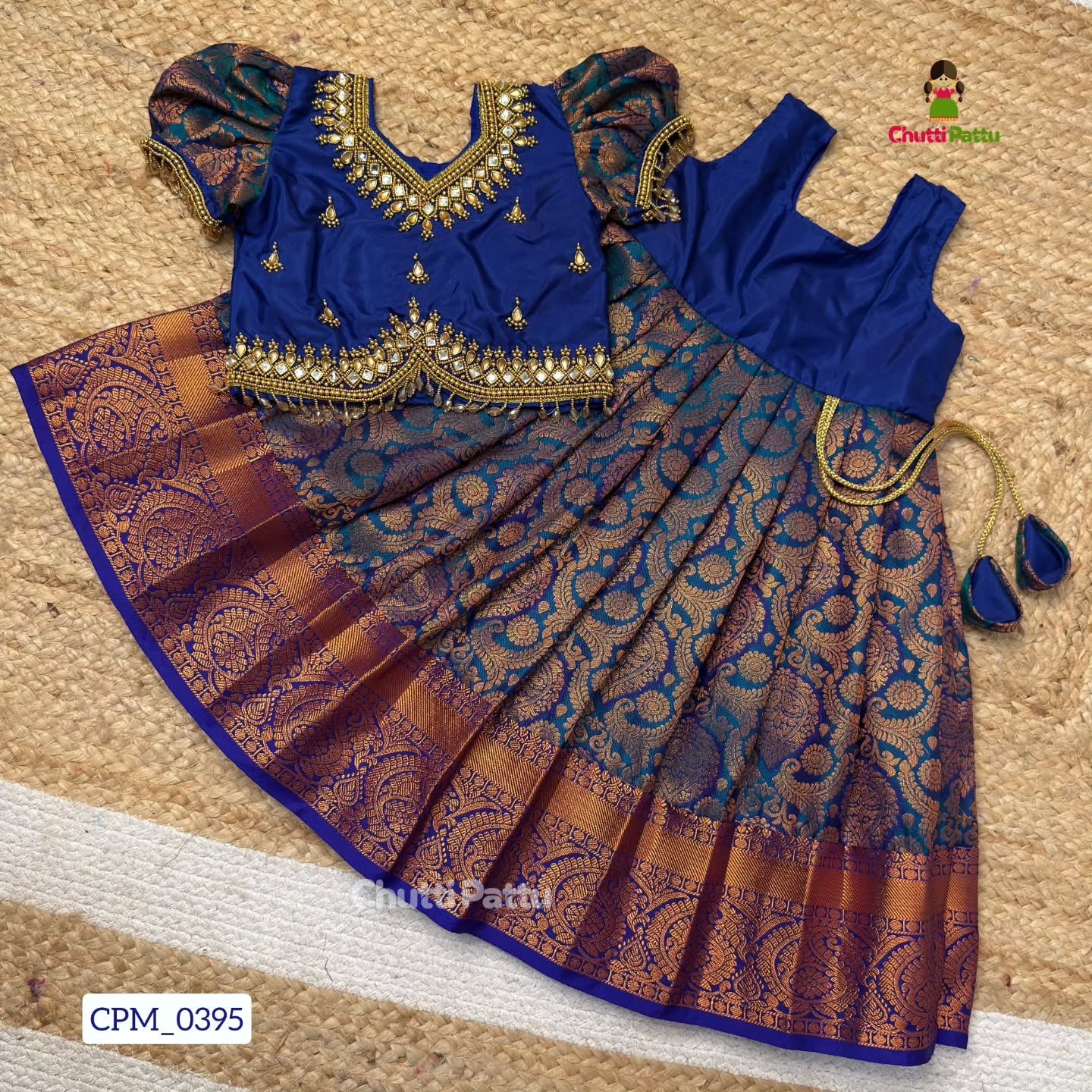 Peacock Blue Premium Aari Work Pattu Pavadai | CPM_0395
