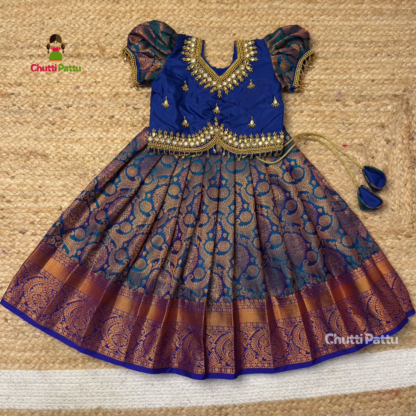 Peacock Blue Premium Aari Work Pattu Pavadai | CPM_0395