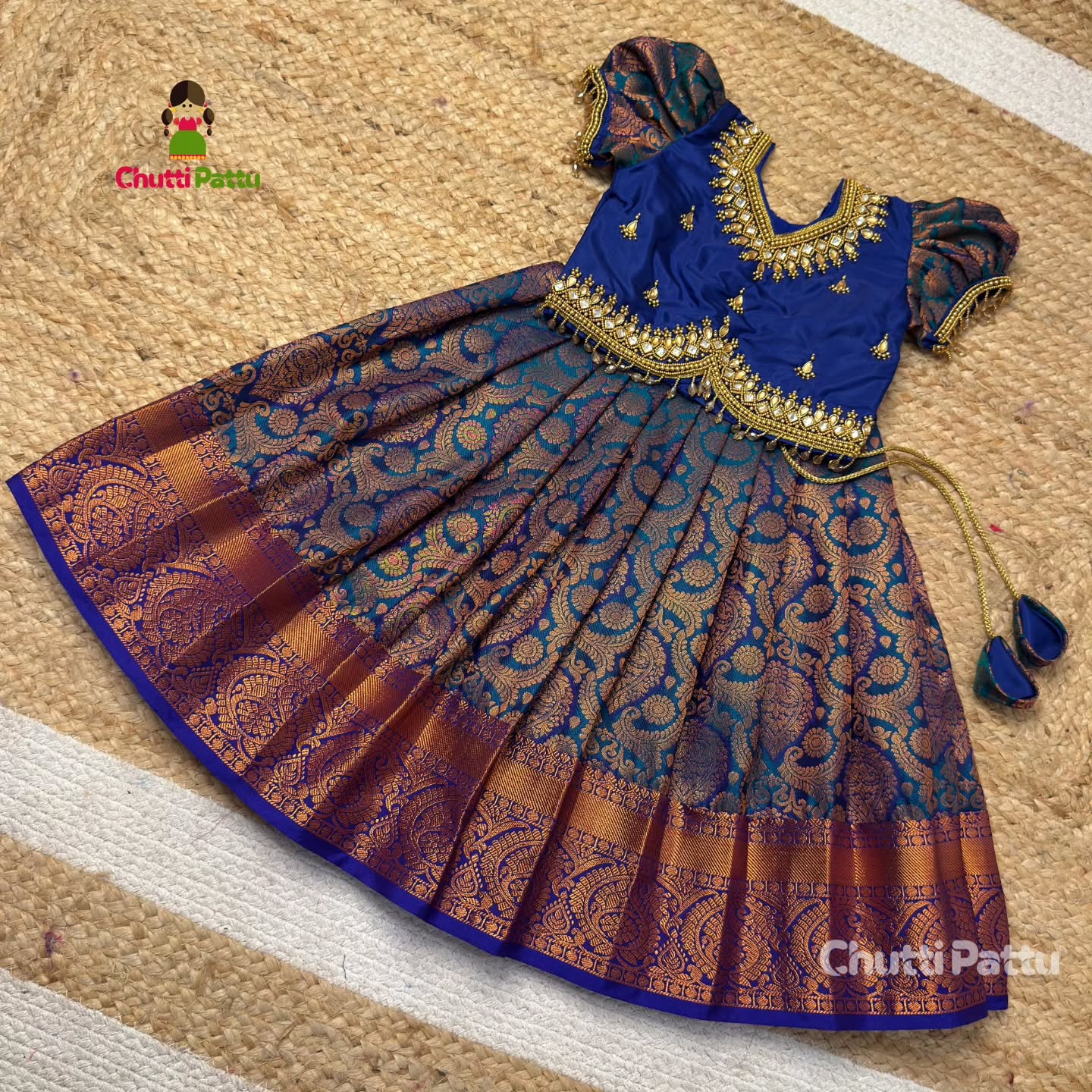 Peacock Blue Premium Aari Work Pattu Pavadai | CPM_0395