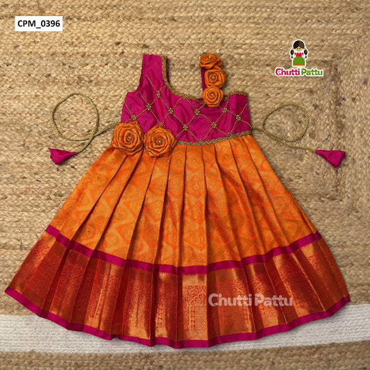 Orange & Pink Pure Kanchi Silk Rose Shoulder Frock | CPM_0396