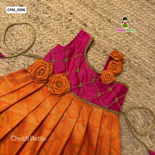 Orange & Pink Pure Kanchi Silk Rose Shoulder Frock | CPM_0396