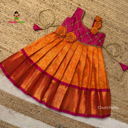 Orange & Pink Pure Kanchi Silk Rose Shoulder Frock | CPM_0396