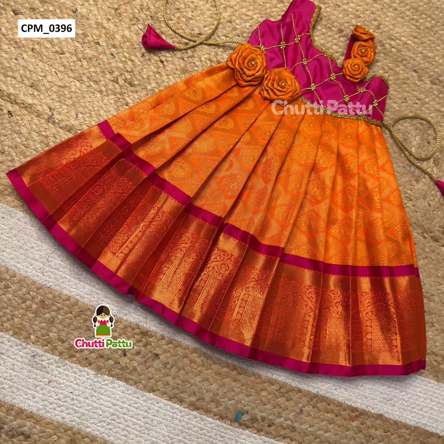 Orange & Pink Pure Kanchi Silk Rose Shoulder Frock | CPM_0396