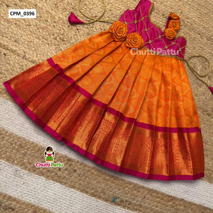 Orange & Pink Pure Kanchi Silk Rose Shoulder Frock | CPM_0396