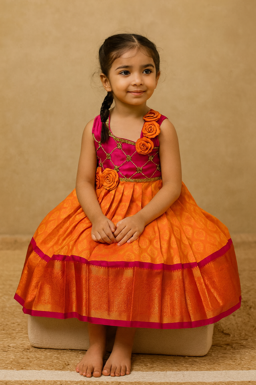 Orange & Pink Pure Kanchi Silk Rose Shoulder Frock | CPM_0396