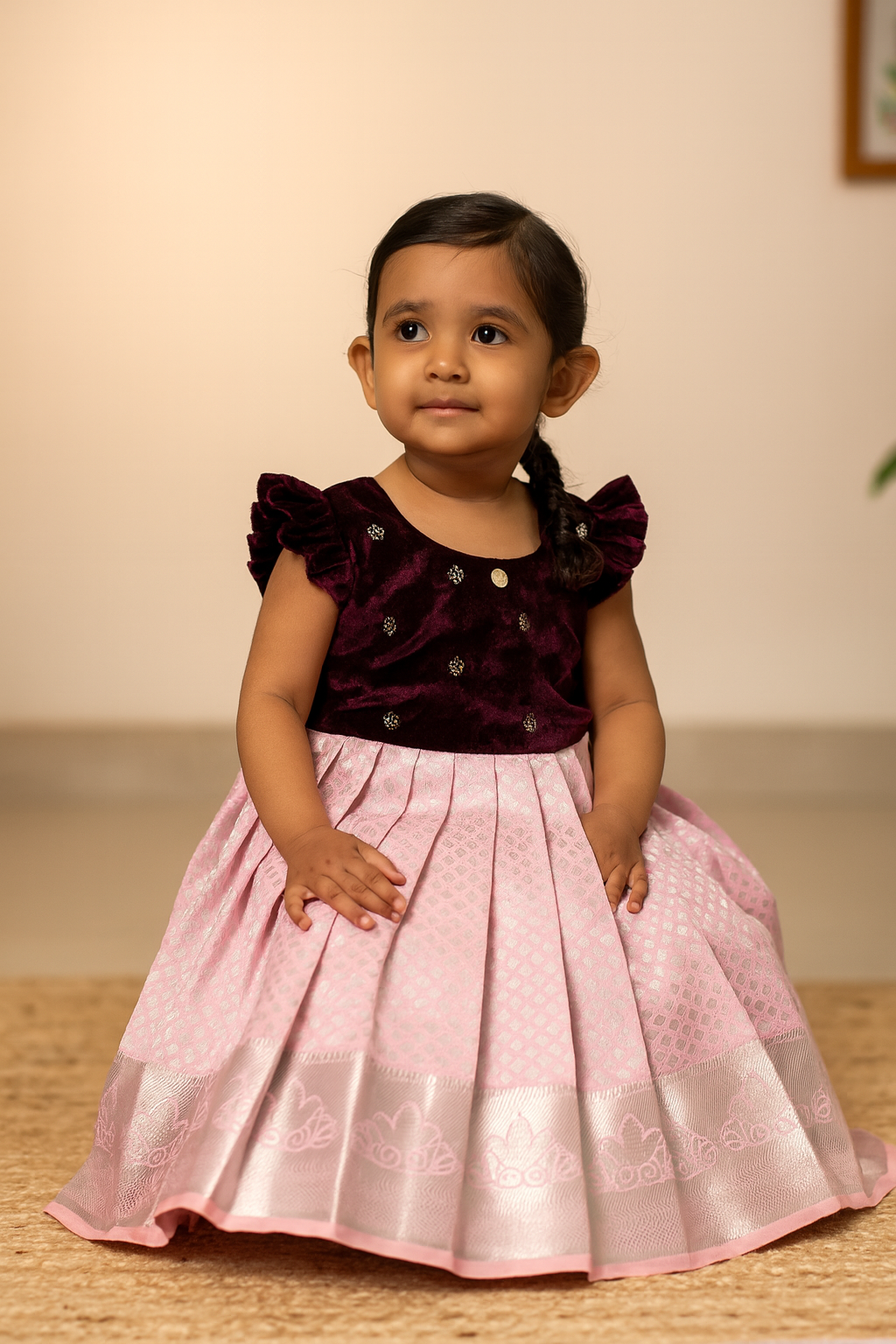 Wine & Blush Pink Kanchi Soft Silk Frock | CPM_0399