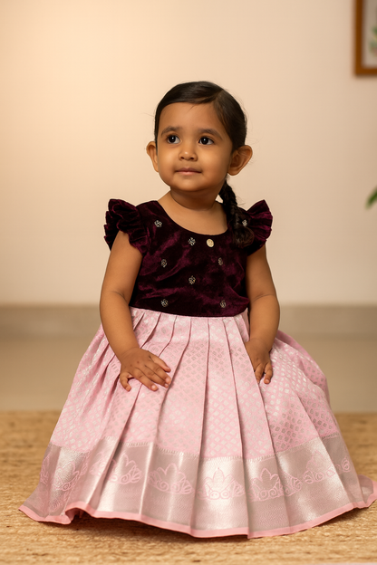 Wine & Blush Pink Kanchi Soft Silk Frock | CPM_0399