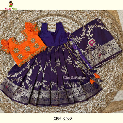 Orange & Purple Aari Work Pattu Pavadai | CPM_0400