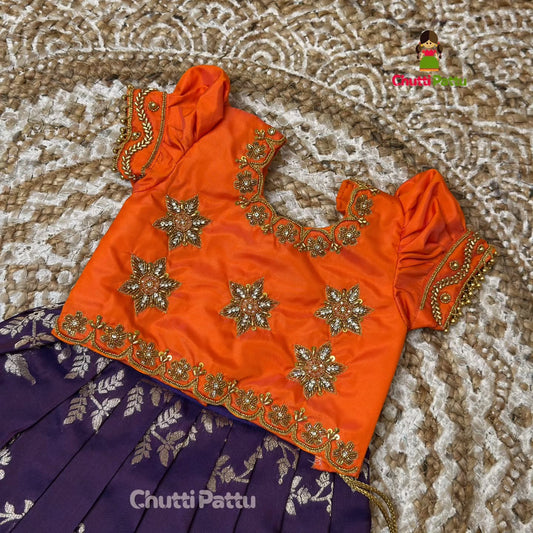 Orange & Purple Aari Work Pattu Pavadai | CPM_0400