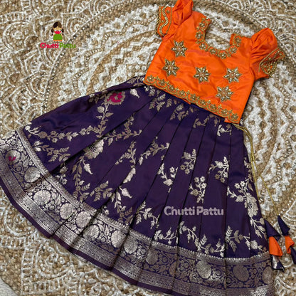 Orange & Purple Aari Work Pattu Pavadai | CPM_0400