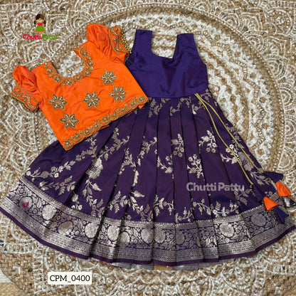 Orange & Purple Aari Work Pattu Pavadai | CPM_0400