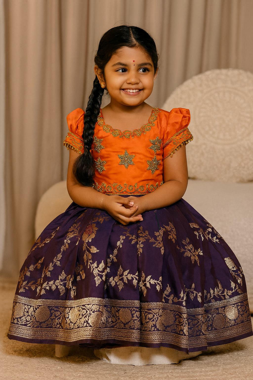 Orange & Purple Aari Work Pattu Pavadai | CPM_0400