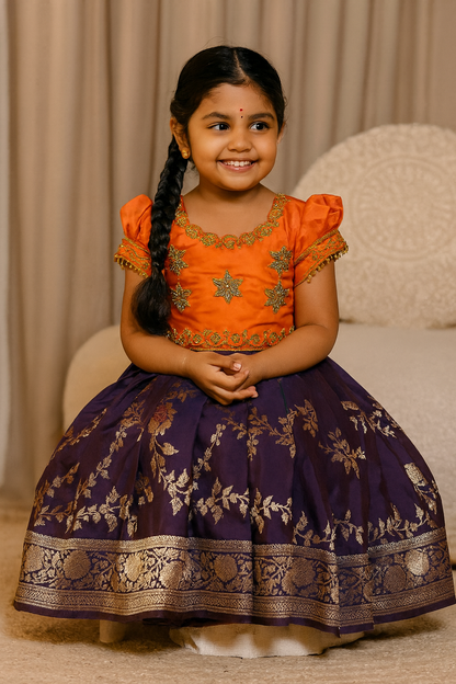 Orange & Purple Aari Work Pattu Pavadai | CPM_0400