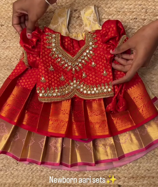 Premium Royal Red Kanchi Soft Silk Aari Work Pattu Pavadai | CPM_0401