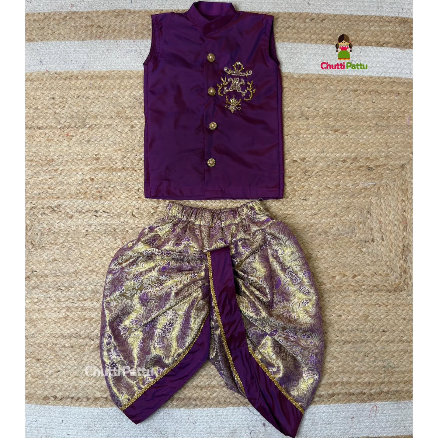 Purple & Lavender Kanchi Semi Silk Aari Work Kurta & Dhoti Set | CPM_0403B