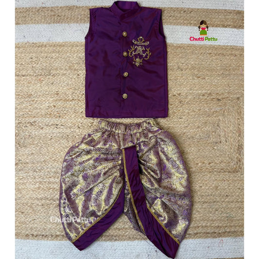 Purple & Lavender Kanchi Semi Silk Aari Work Kurta & Dhoti Set | CPM_0403B