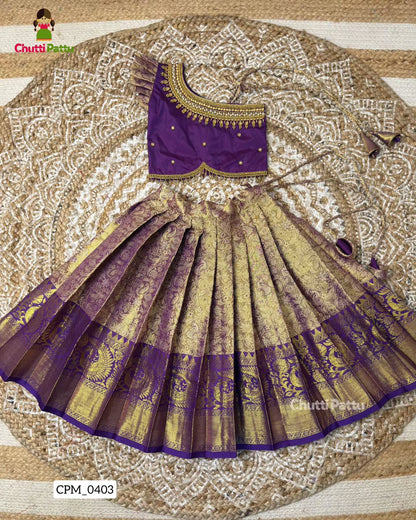 One-Shoulder Semi Kanchi Tissue Silk Purple Aari Pattu Pavadai | CPM_0403