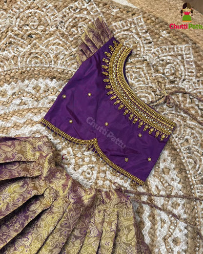 One-Shoulder Semi Kanchi Tissue Silk Purple Aari Pattu Pavadai | CPM_0403