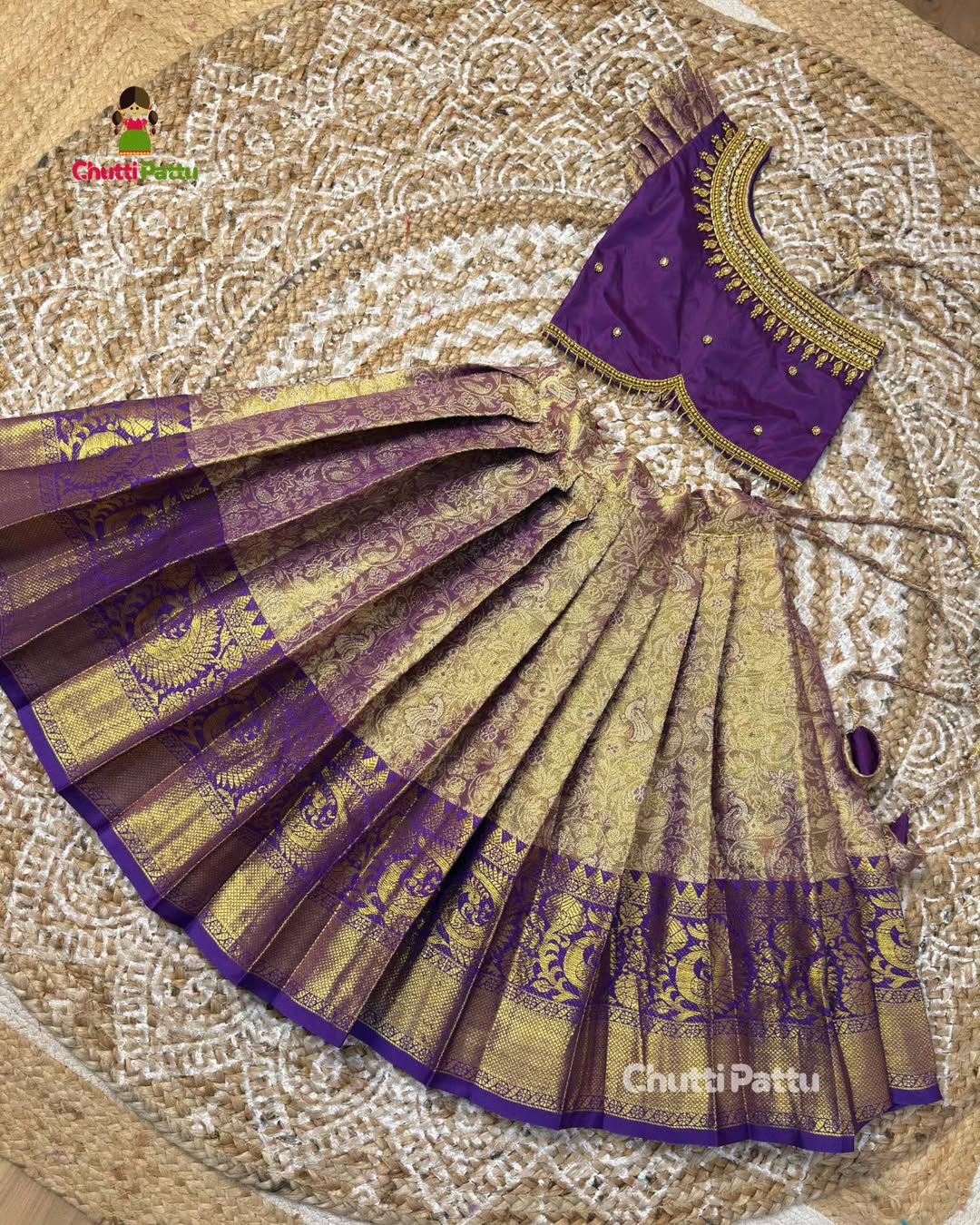 One-Shoulder Semi Kanchi Tissue Silk Purple Aari Pattu Pavadai | CPM_0403