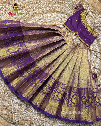 One-Shoulder Semi Kanchi Tissue Silk Purple Aari Pattu Pavadai | CPM_0403