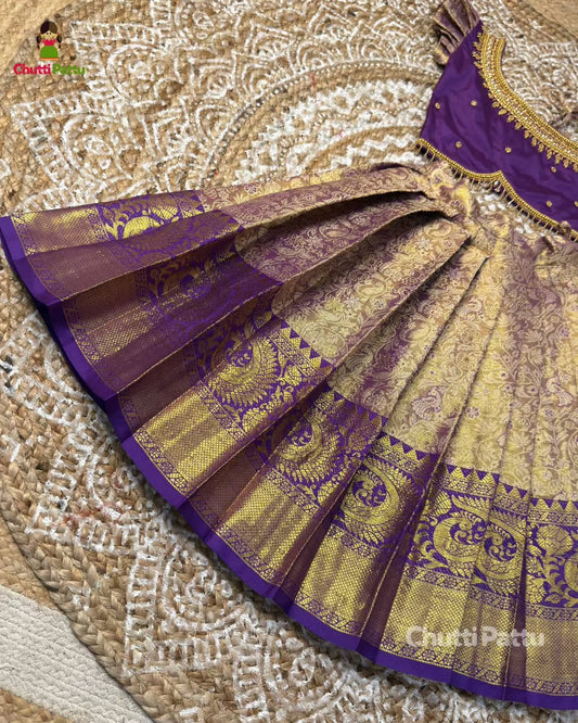 One-Shoulder Semi Kanchi Tissue Silk Purple Aari Pattu Pavadai | CPM_0403