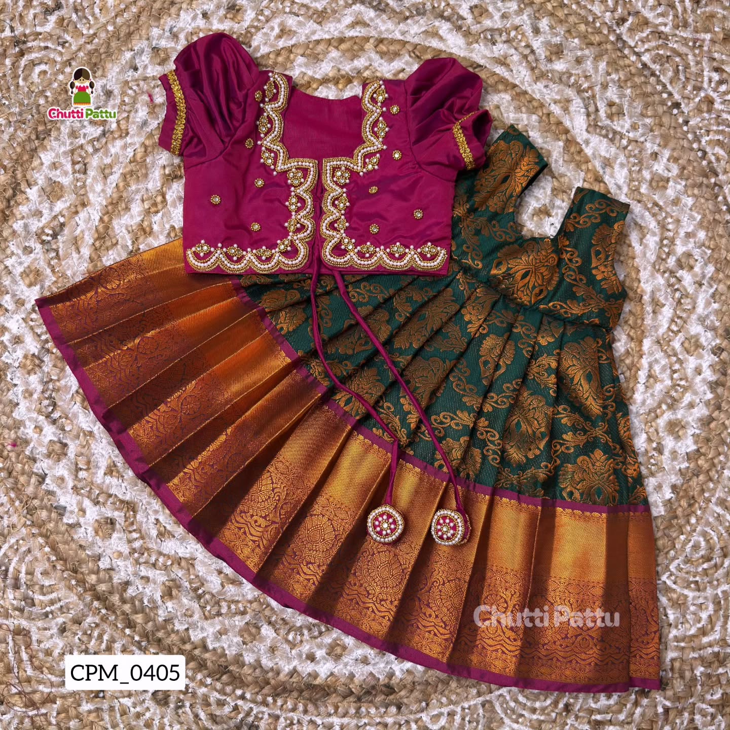 Regal Dark Green & Purple Pure Kanchi Silk Aari Overcoat Set | CPM_0405