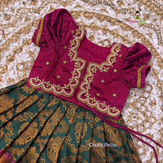 Regal Dark Green & Purple Pure Kanchi Silk Aari Overcoat Set | CPM_0405