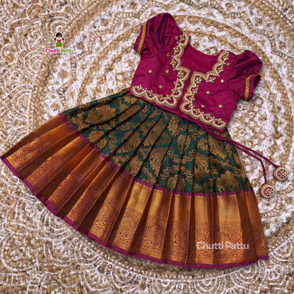 Regal Dark Green & Purple Pure Kanchi Silk Aari Overcoat Set | CPM_0405