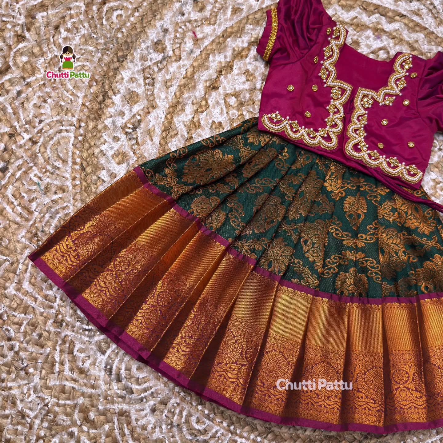 Regal Dark Green & Purple Pure Kanchi Silk Aari Overcoat Set | CPM_0405