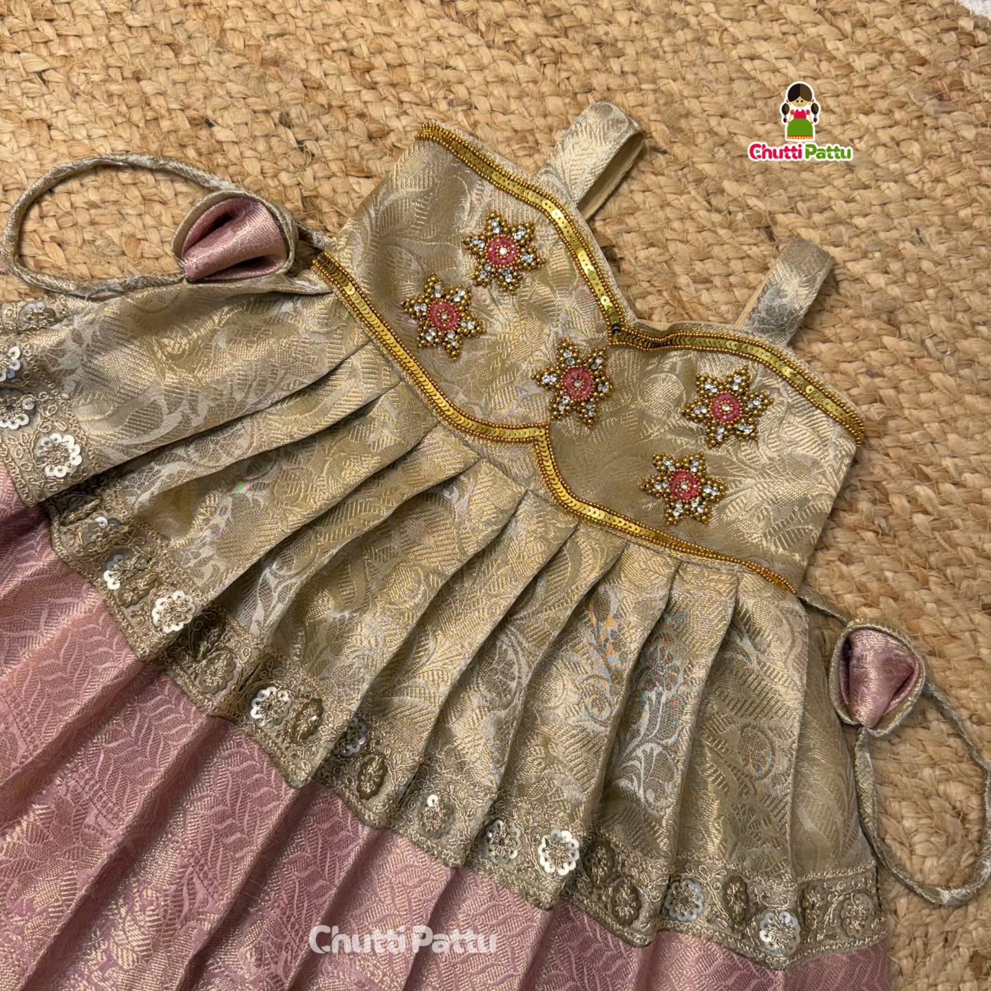 Pastel Pink & Gold Aari Butta Frock in Premium Tissue Silk | CPM_0407
