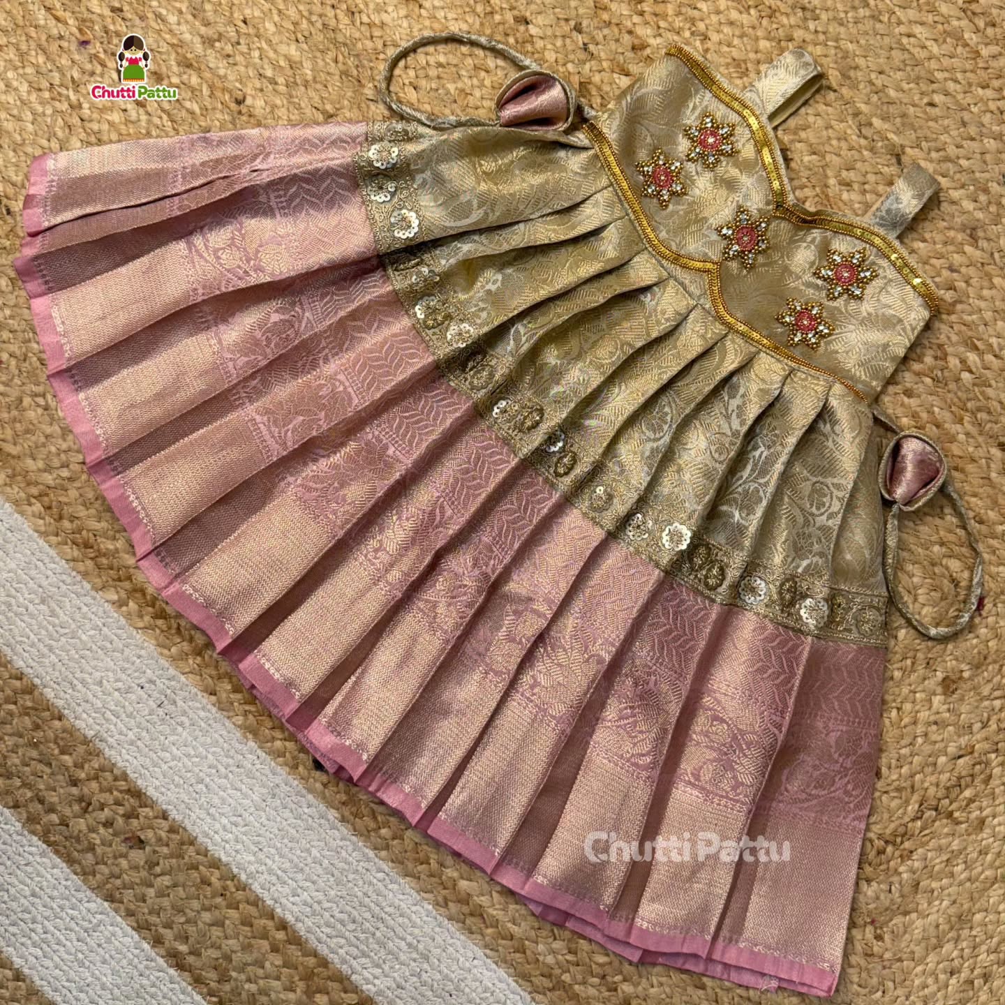 Pastel Pink & Gold Aari Butta Frock in Premium Tissue Silk | CPM_0407