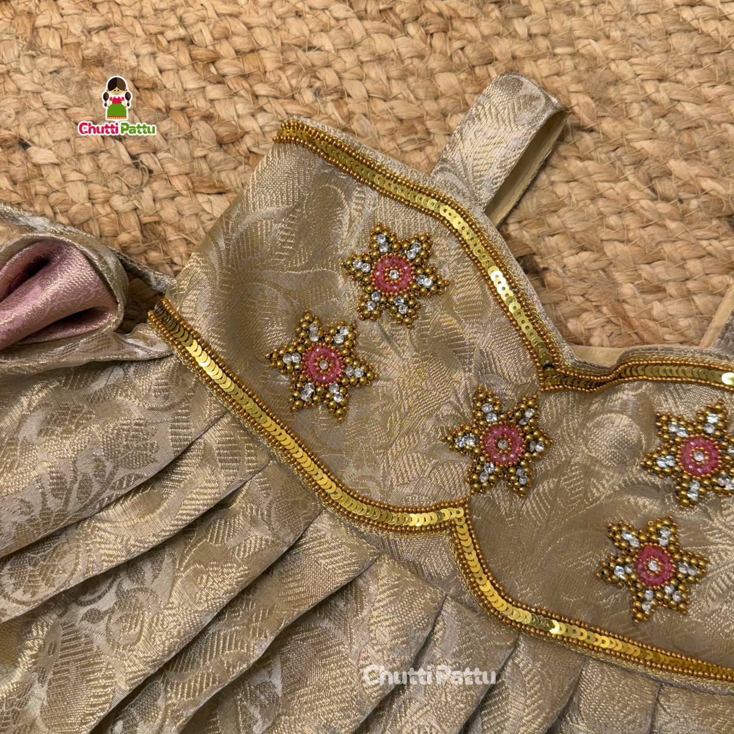 Pastel Pink & Gold Aari Butta Frock in Premium Tissue Silk | CPM_0407