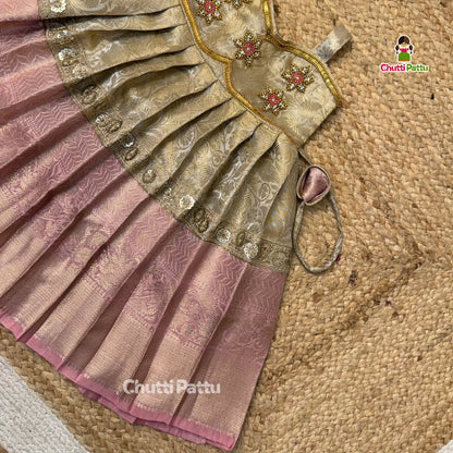 Pastel Pink & Gold Aari Butta Frock in Premium Tissue Silk | CPM_0407
