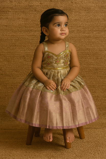 Pastel Pink & Gold Aari Butta Frock in Premium Tissue Silk | CPM_0407