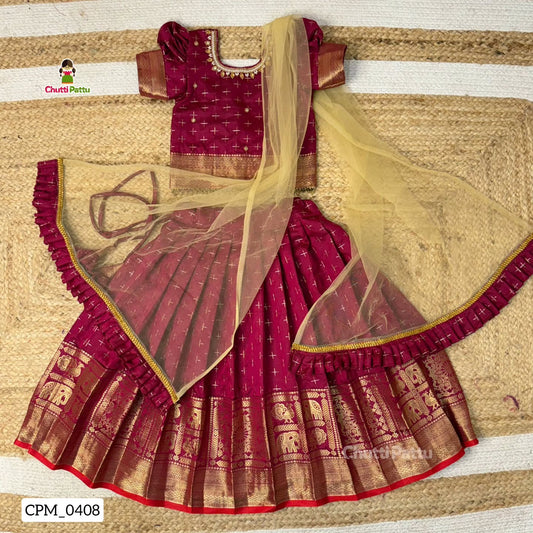 Dark Magenta Semi Kanchi Neck aari work Pattu Pavadai with Net Dupatta | CPM_0408