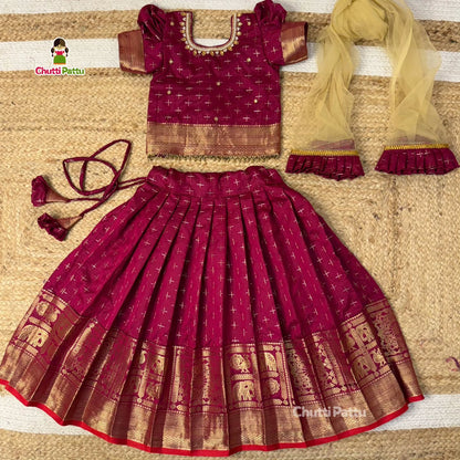 Dark Magenta Semi Kanchi Neck aari work Pattu Pavadai with Net Dupatta | CPM_0408
